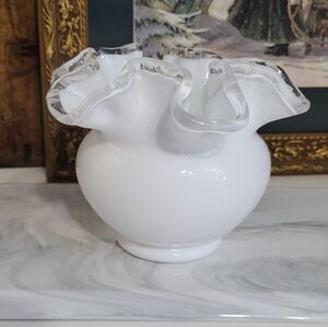 Vintage Fenton Silver Crest White Milk Glass Rose Bowl Vase